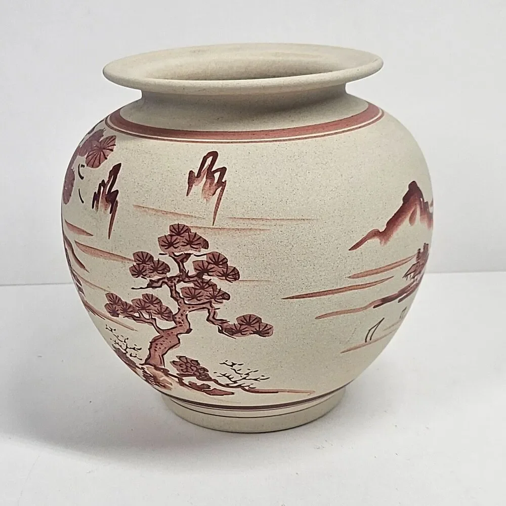 Kutani Satsuma Vase Planter Vintage Red Scenic Handpainted Porcelain Japan